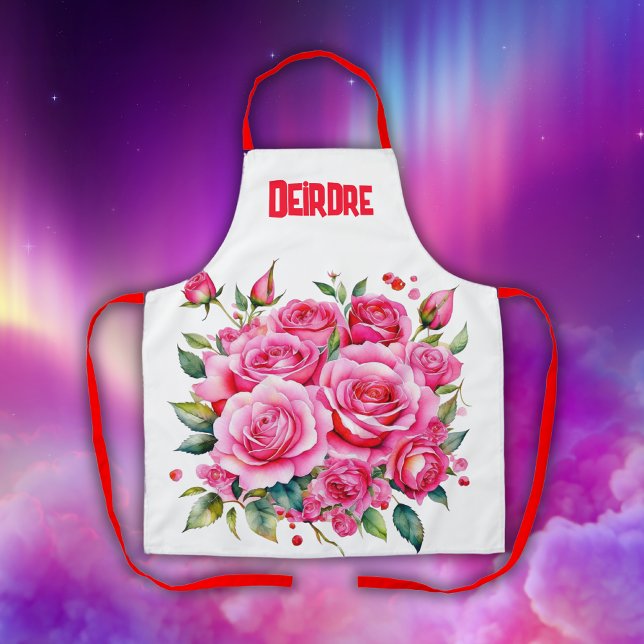 Tablier Nom monogramme Roses roses roses | (Créateur téléchargé)