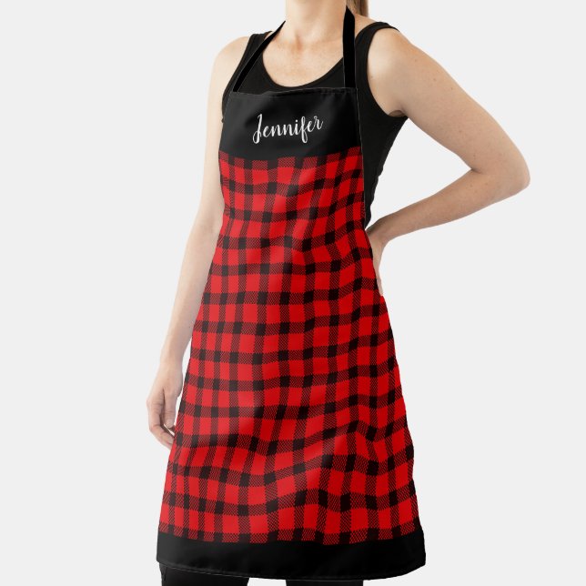 Tablier Nom monogramme rustique du buffle rouge noir plaid (Insitu)