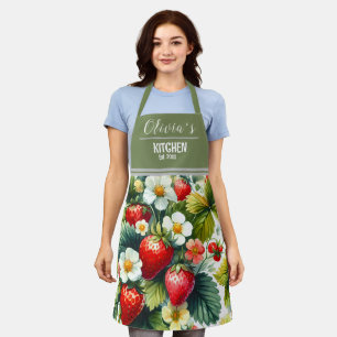 Tablier Nom personnalisé Apron, Boho Floral Strawberry