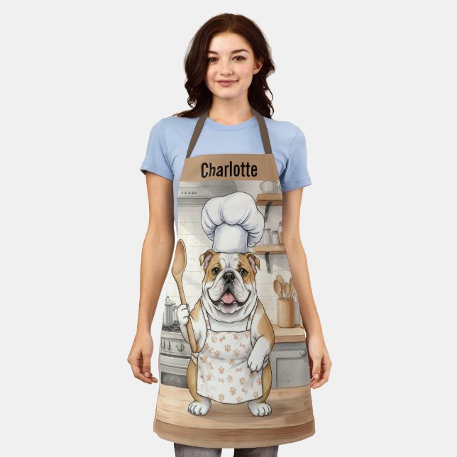 Tablier Nom personnalisé Aquarelle Chef Bulldog (Porté)