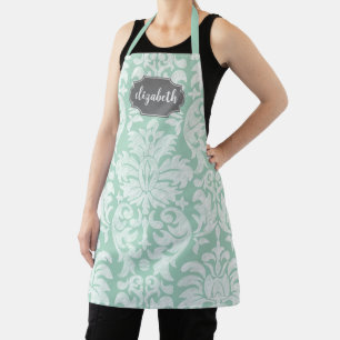 Tablier Nom personnalisé du modèle de damas à la menthe et