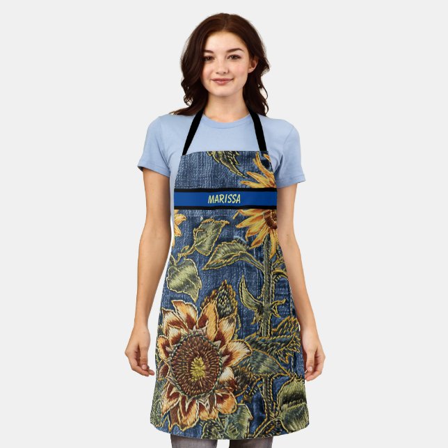 Tablier Nom personnalisé du Motif moderne Sunflower Denim (Porté)