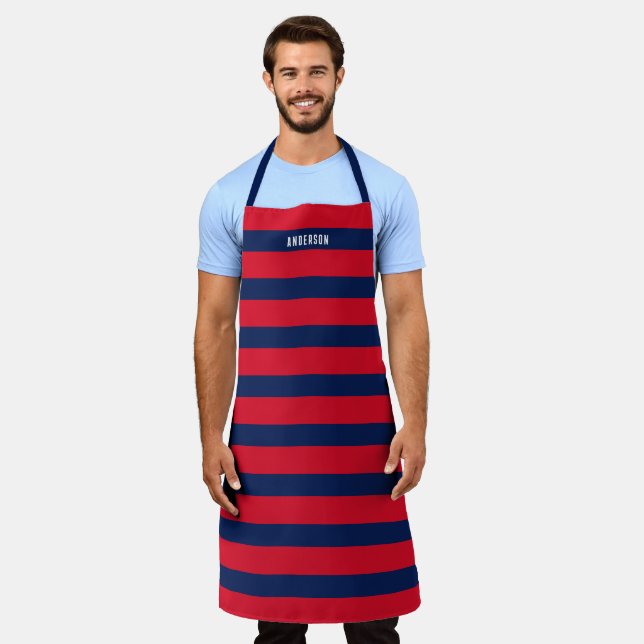 Tablier Nom personnalisé du Motif rayé rouge et marine (Porté)