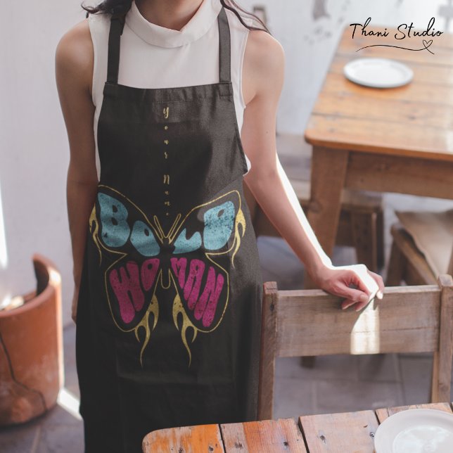 Tablier Nom personnalisé Femme audacieuse Papillon rustiqu (Créateur téléchargé)