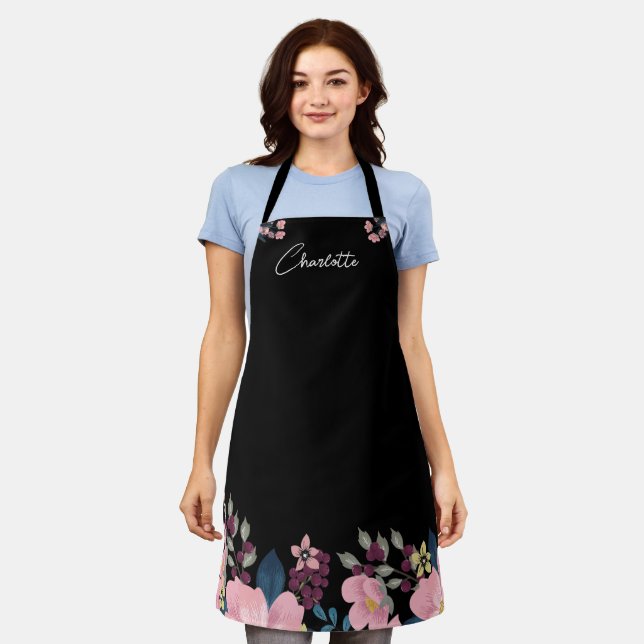 Tablier Nom personnalisé | Fleurs aquarelles Boho Stylish (Porté)