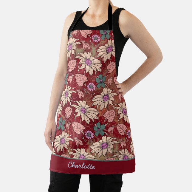 Tablier Nom personnalisé floral sans couture motif rouge (Insitu)