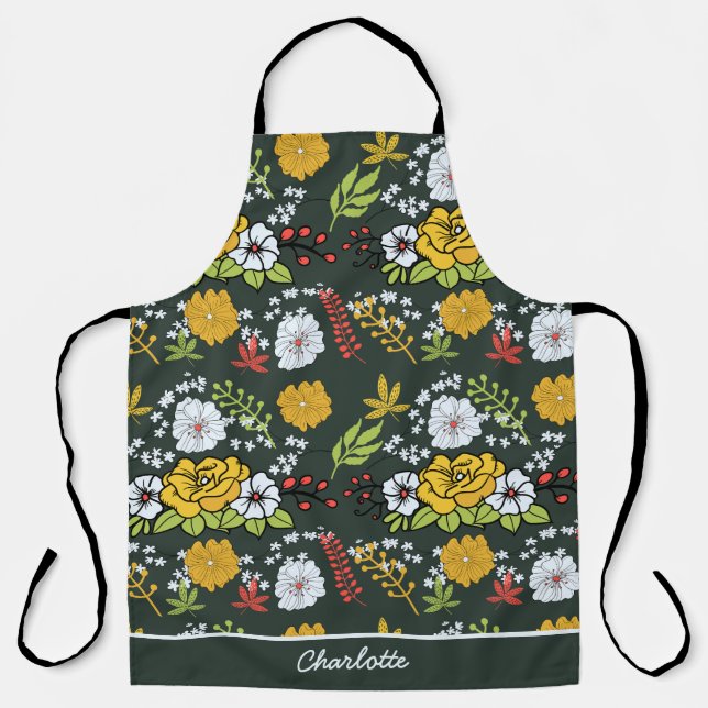 Tablier Nom personnalisé motif floral coloré (Recto)