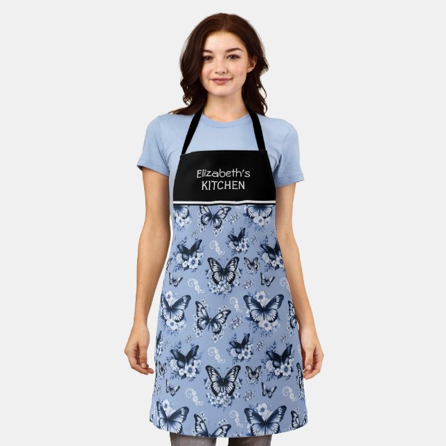 Tablier Nom personnalisé Motif papillon bleu (Porté)