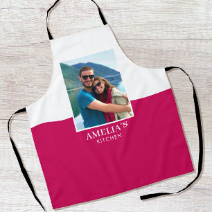 Tablier Nom personnalisé Photo rose blanc moderne