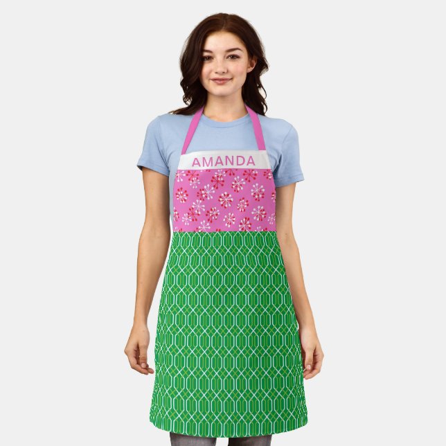 Tablier Nom personnalisé rose et vert Retro géométrique (Porté)