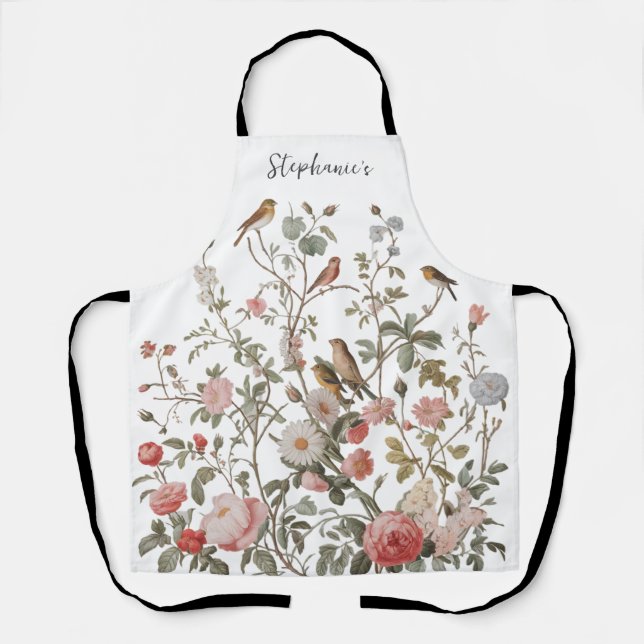 Tablier Nom personnalisé tendance fleurs sauvages et oisea (Recto)