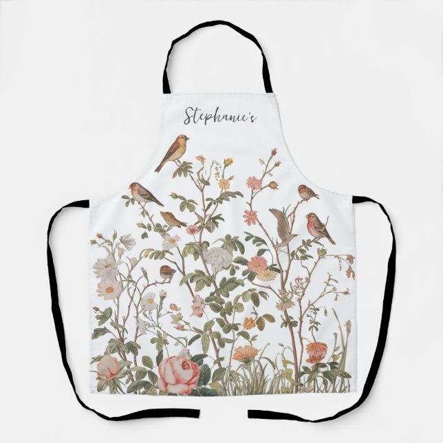 Tablier Nom personnalisé tendance fleurs sauvages et oisea (Recto)