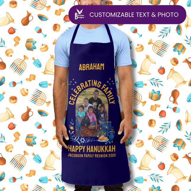 Tablier Nom photo personnalisé HANOUKKA FAMILY REUNION (Dark blue Hanukkah apron with customizable photo and text. Personalize with your name. )