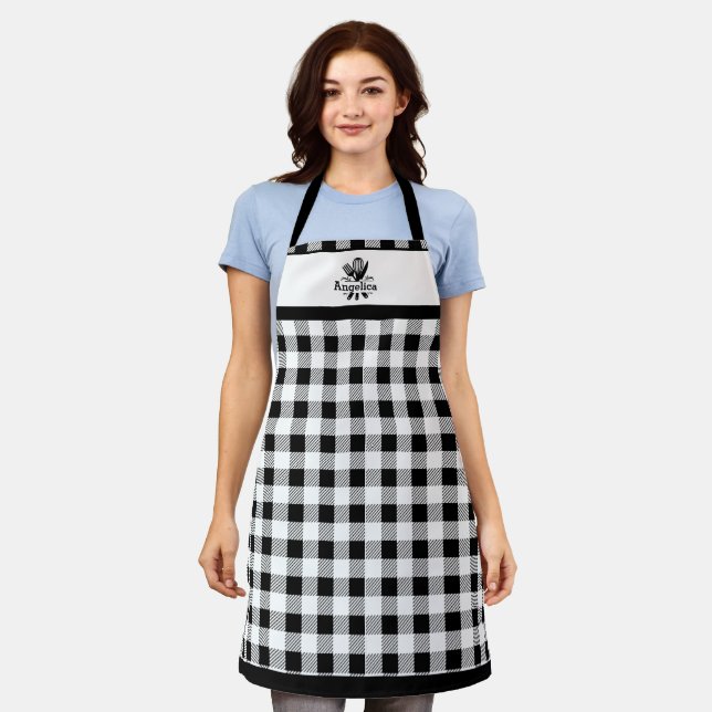 Tablier Nom Servi Recette Noir Blanc Buffalo Plaid (Porté)
