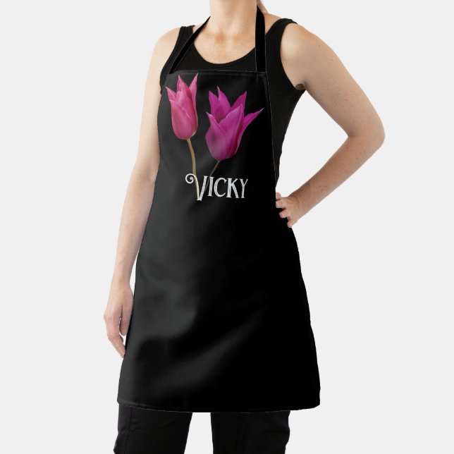 Tablier Nom Vicky personnalisable monogramme fleur de tuli (Insitu)