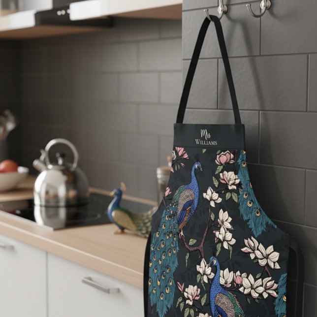 Tablier Nouveau marié M. et Mme Floral Peacock Black (Chic Black Floral Peacock Pattern in Modern Chinoiserie Style for Mrs. Bridal Shower Gift for Bride.)