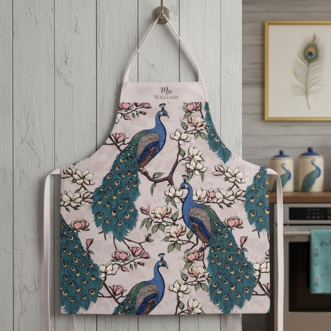 Tablier Nouveau marié M. et Mme Floral Peacock Blush Pink (Chic Pink Floral Peacock Pattern in Modern Chinoiserie Style for Mrs. Bridal Shower Gift for Bride.)