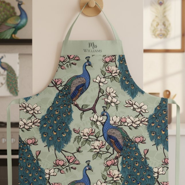 Tablier Nouveau marié M. et Mme Floral Peacock Sage Green (Chic Sage Floral Peacock Pattern in Modern Chinoiserie Style for Mrs. Bridal Shower Gift for Bride.)