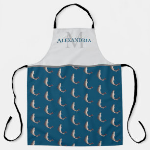 Tablier Ocean Blue White Nom du monogramme motif de truite