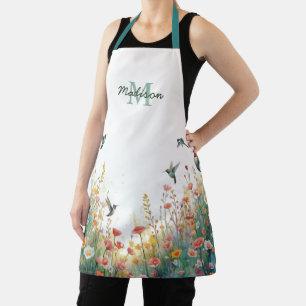 Tablier Oiseaux aquarelle de printemps Monogramme floral F