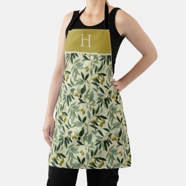 Tablier Olive Branch Monogram Initial All-Over Print Apron (Insitu)