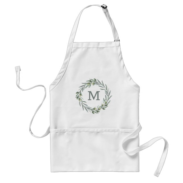 Tablier Olives aquarelles. monogramme vert italien (Devant)