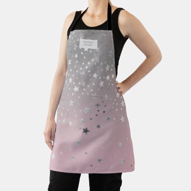 Tablier ombre brillant argent étoiles monogramme apron (Insitu)