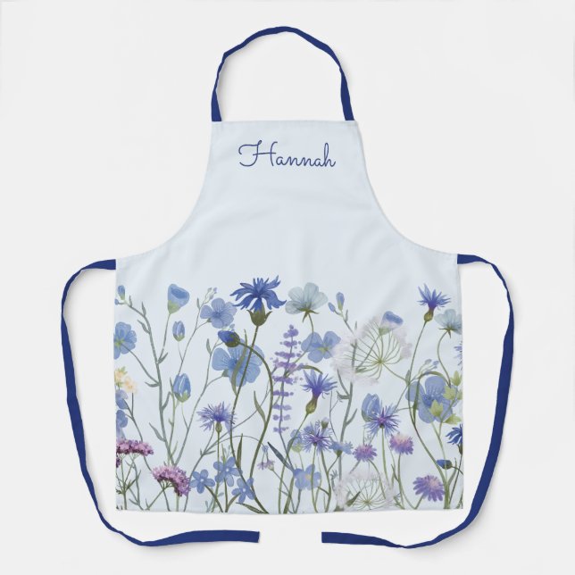 Tablier Ombre de Fleur sauvage d'aquarelle bleu monogramme (Recto)