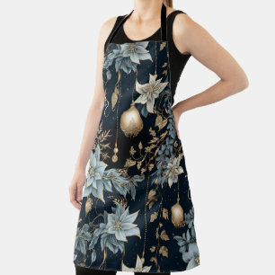 Tablier Ornements de Noël bleu et or Poinsettias