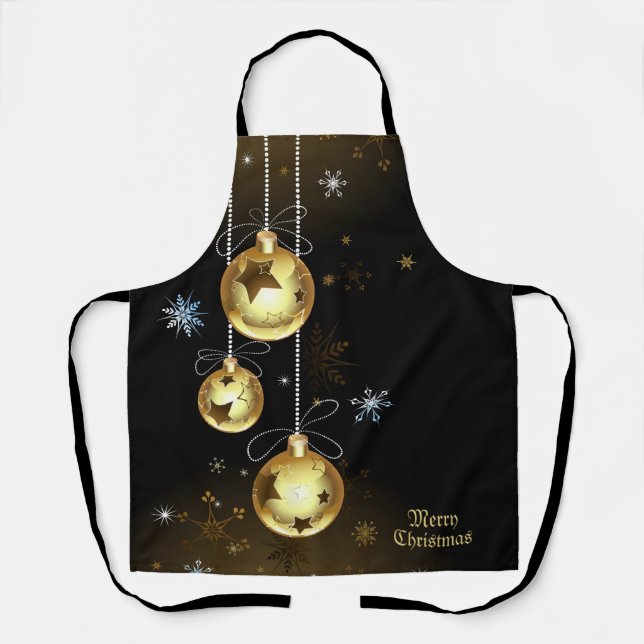 Tablier Ornements dorés de Noël Étoiles brillantes Noir (Recto)