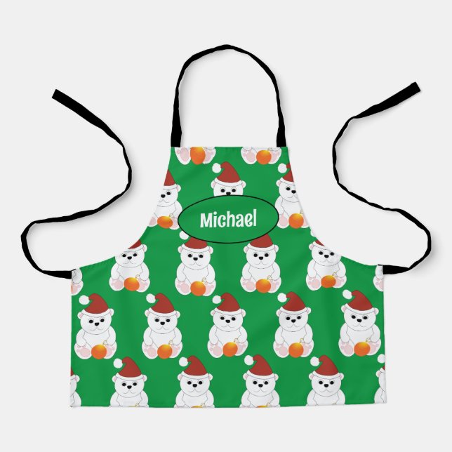 Tablier Ours polaire Noël Père Noël vert mignon Votre nom (Recto)