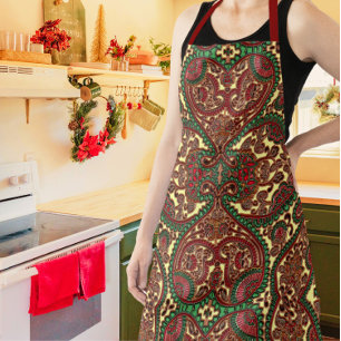 Tablier Paisley victorien motif élégant rouge vert or