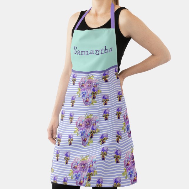 Tablier Pansy Flower Aqua Stripe art floral Girls Nom (Insitu)