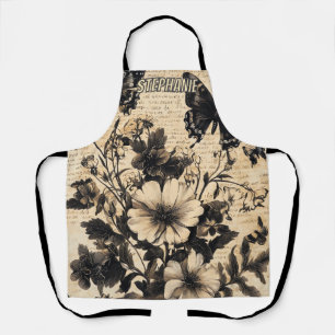 Tablier Papier parchemin fleur sauvage papillon noir blanc