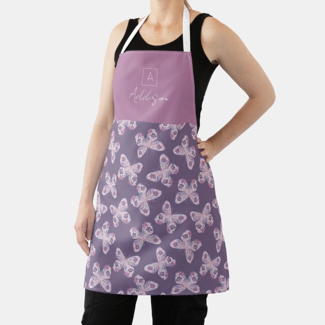 Tablier Papillon floral rose pourpre Monogramme personnali (Insitu)