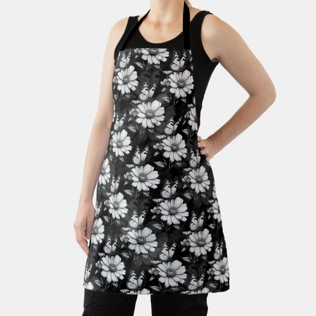 Tablier Papillon sur Motif à fleurs - Noir (Créateur téléchargé)