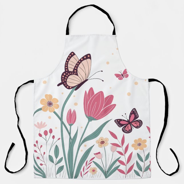 Tablier Papillons aux tulipes roses et marguerites jaunes (Recto)