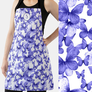 Tablier Papillons Bleus Monogramme Moderne Élégant Personn