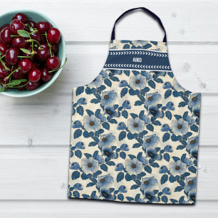 Tablier Parties scintillant d'or floral bleu personnalisé 