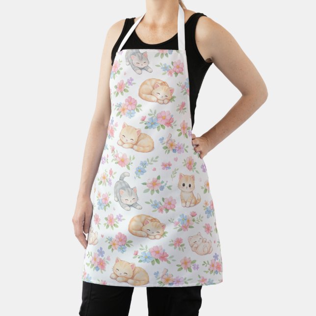 Tablier Pastel Kitten and Floral Pattern Kitchen Apron