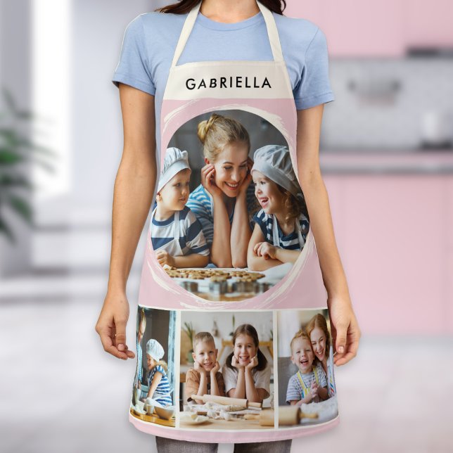 Tablier Pastel Pink Photo Collage Personalized Kitchen (A pink kitchen apron, with four custom photos and personalized name on a cream panel)