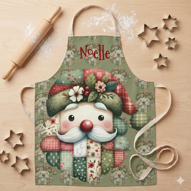 Tablier Patchwork Fantaisiste Santa Noël Folk (Whimsical Patchwork Santa Folk Christmas Apron)