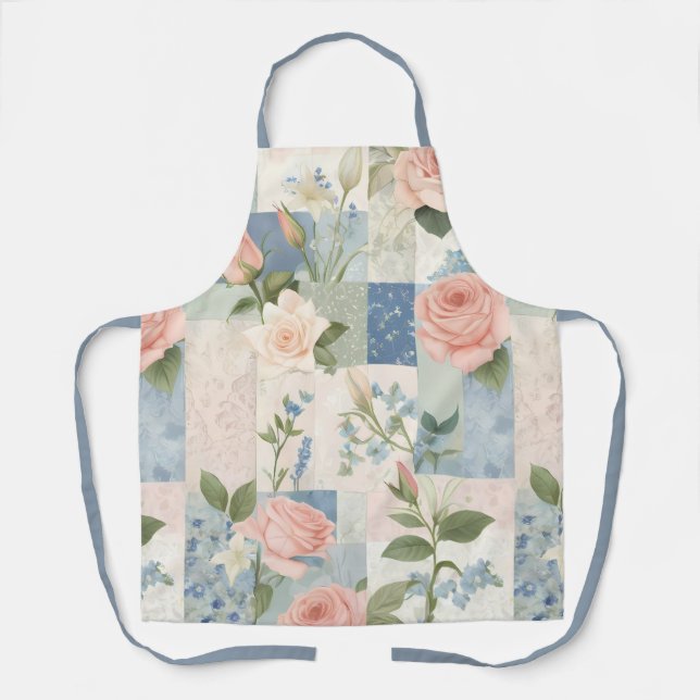 Tablier Patchwork Rose Et Bleu Fleur Doux Et Délicat (Recto)