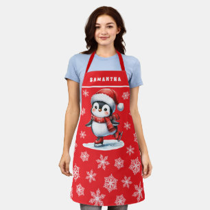 Tablier Patinage sur glace pingouin Monogramme Noël rouge