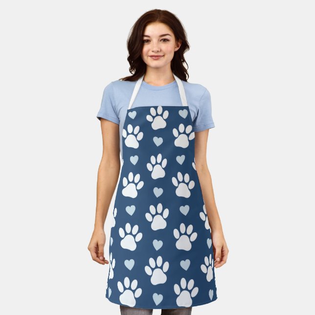 Tablier Pattern of paws, Dog paws, White paws, Blue Hearts (Porté)
