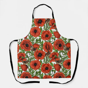 Tablier Pavot rouge et brindilles, feuilles verts sur blan