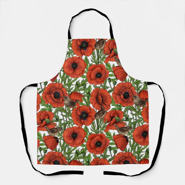 Tablier Pavot rouge et brindilles, feuilles verts sur blan (Recto)