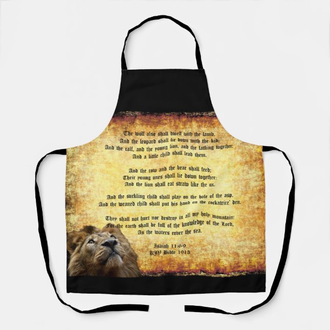 Tablier Pax Christos, Lion avec Ésaïe 11:6-9 (Recto)