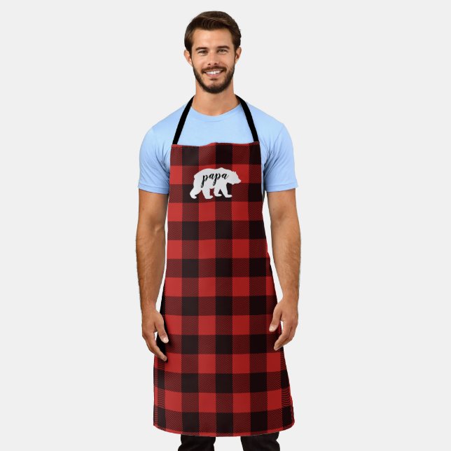 Tablier Pays Russe Papa ours rouge et noir plaid (Porté)
