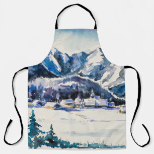 Tablier Paysage d'hiver avec village de montagne couvert